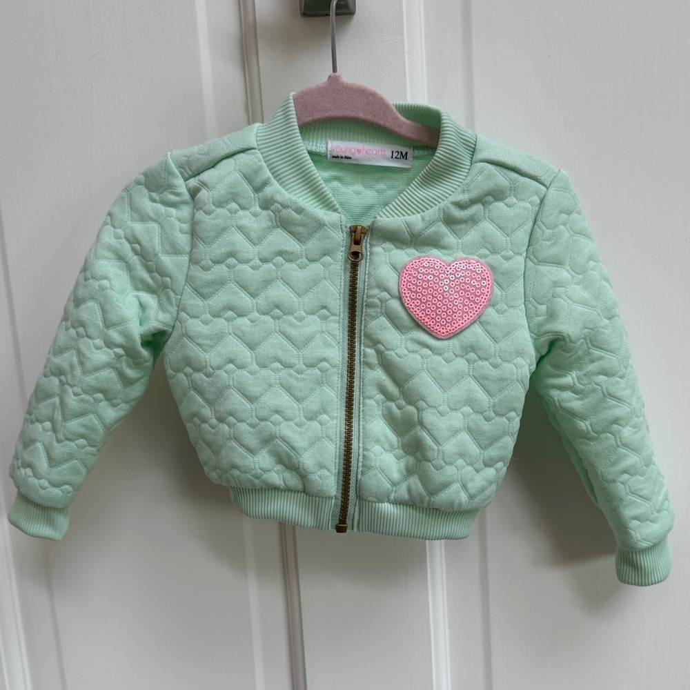 Nwot Young Hearts 12m Green & Pink Heart Shiny Girls Bomber Jacket